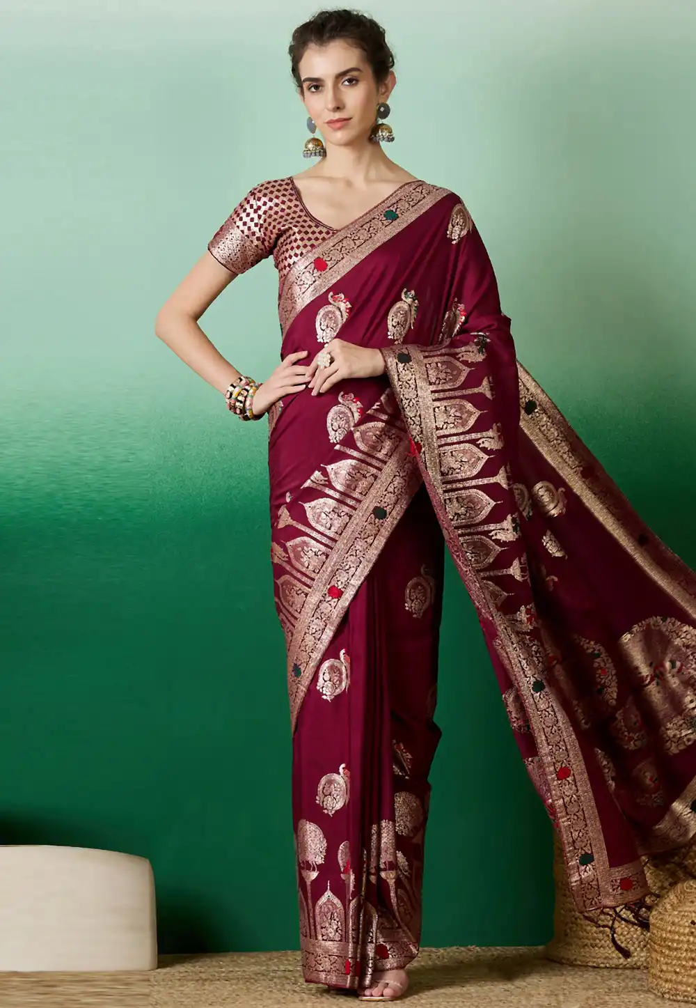 Maroon Silk Jacquard Saree With Blouse 289615