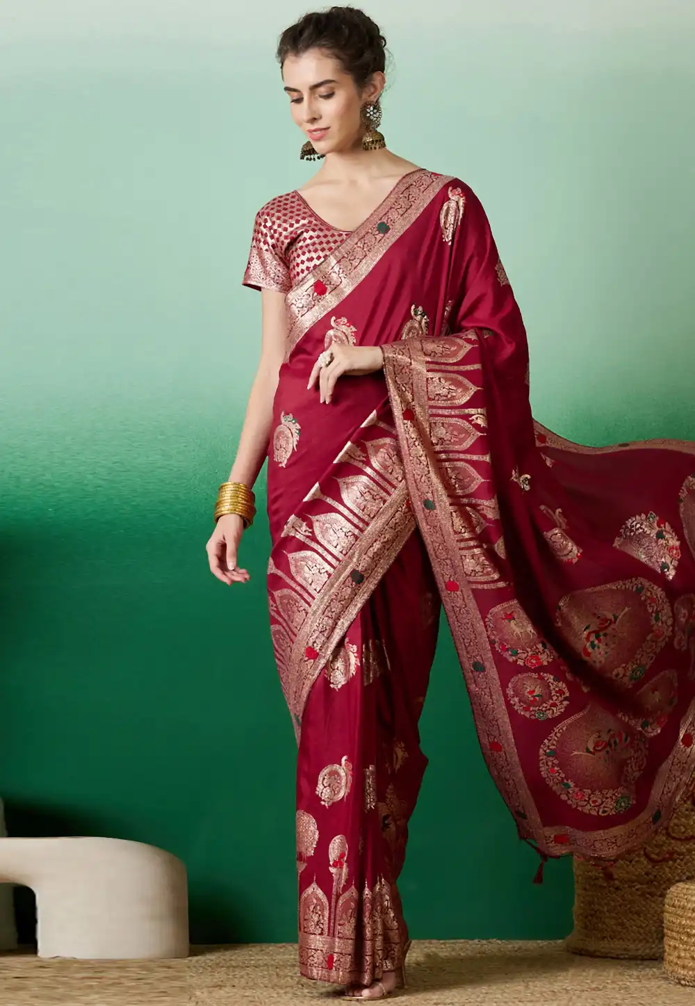 Maroon Silk Jacquard Saree With Blouse 289617