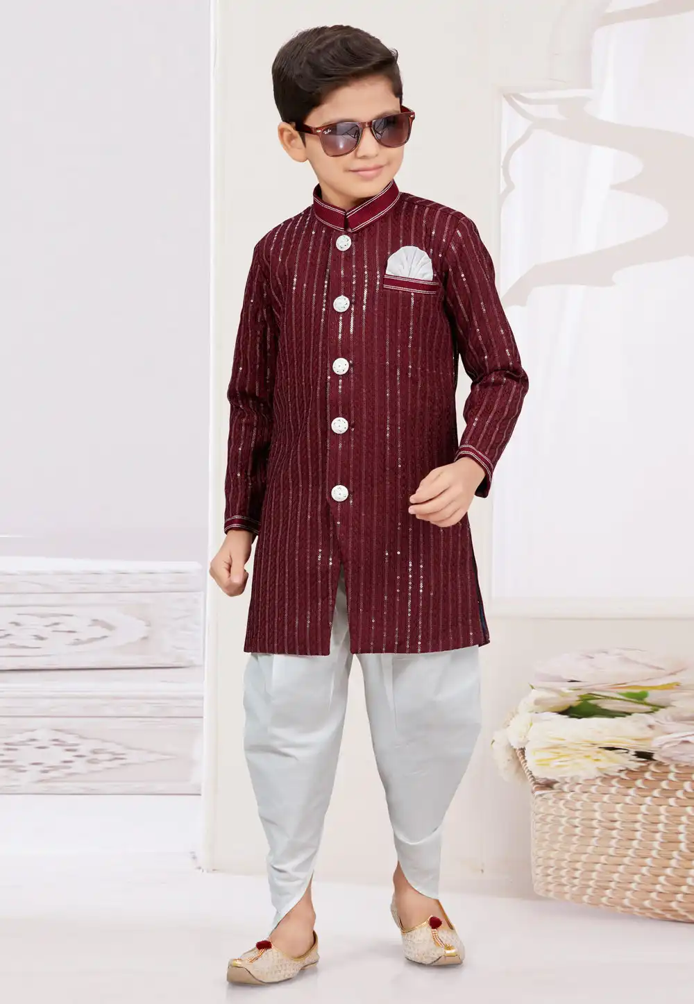 Maroon Silk Kids Indo Western Sherwani 294951