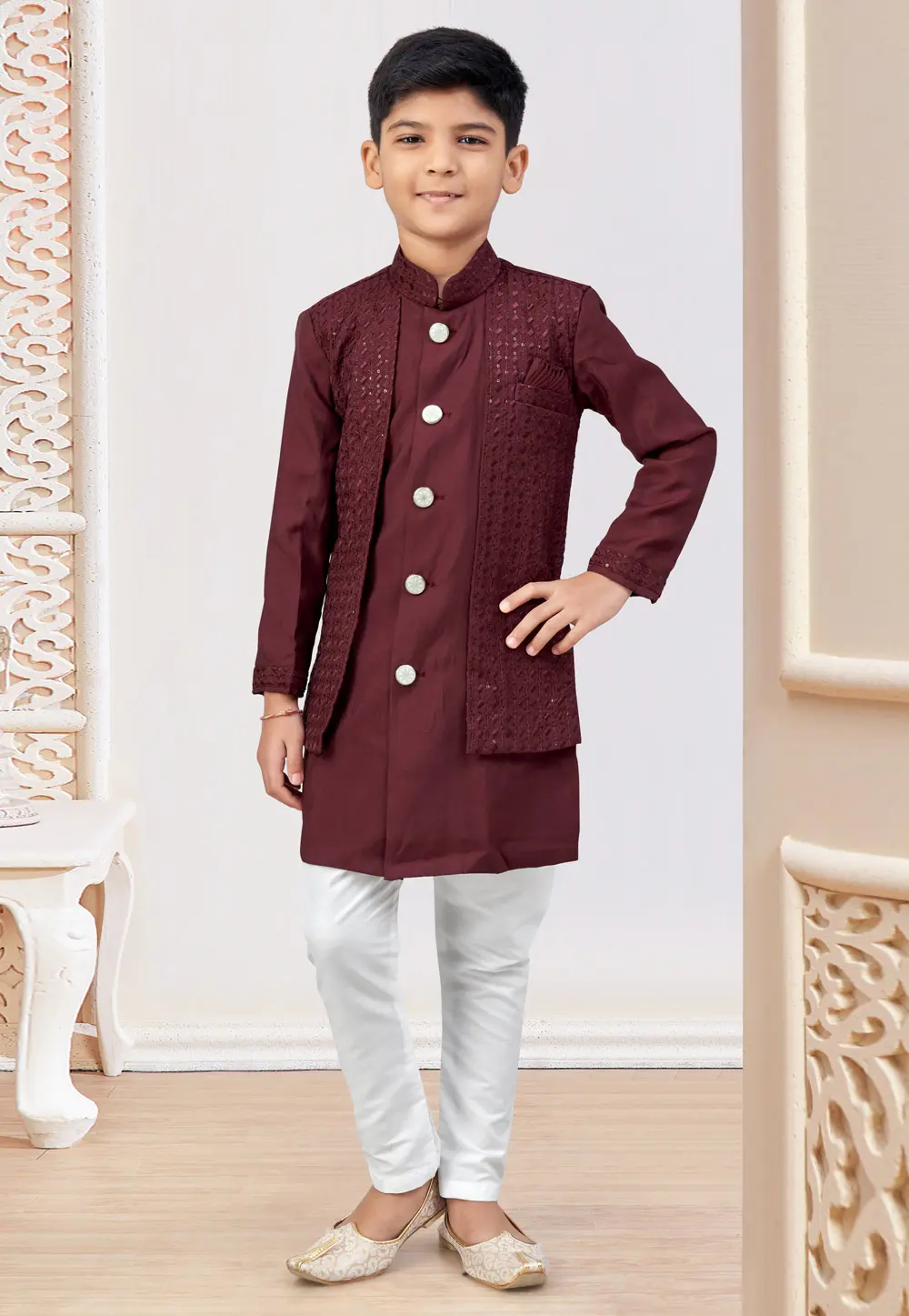 Maroon Silk Kids Indo Western Suit 303781