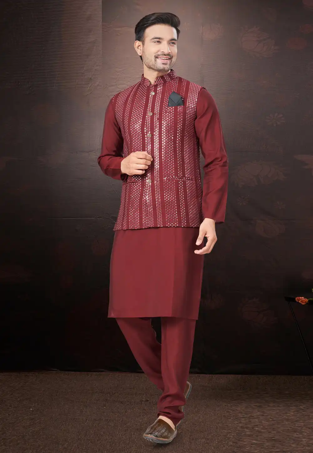 Maroon Silk Kurta Pajama With Jacket 291309