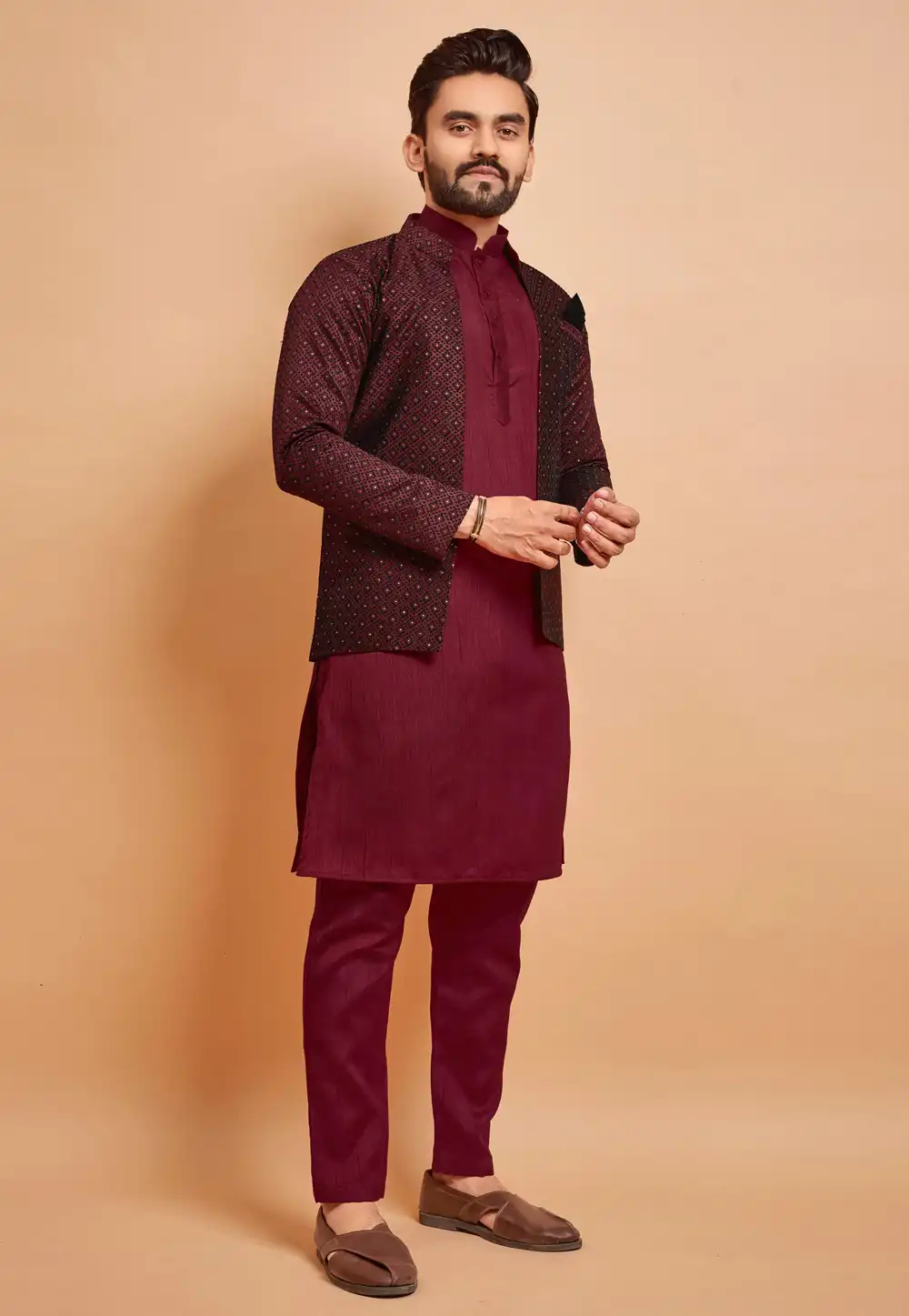 Maroon Silk Kurta Pajama With Jacket 293794