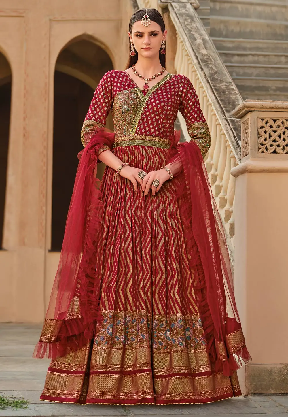 Maroon Silk Long Anarkali Suit 303540