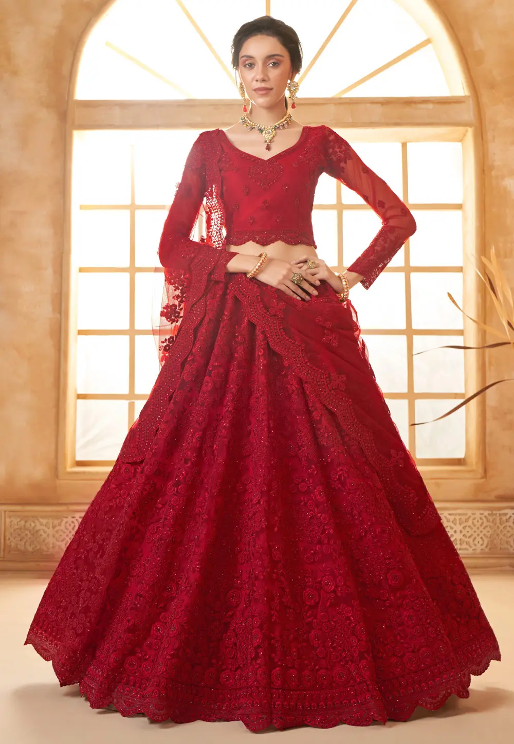 Maroon Silk Net Circular Lehenga Choli 297584