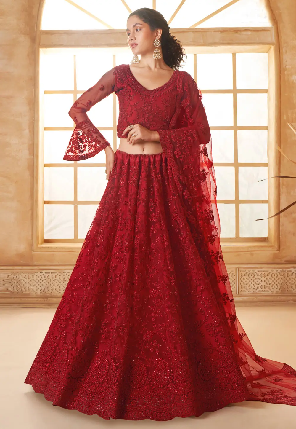 Maroon Silk Net Lehenga Choli For Wedding 297593