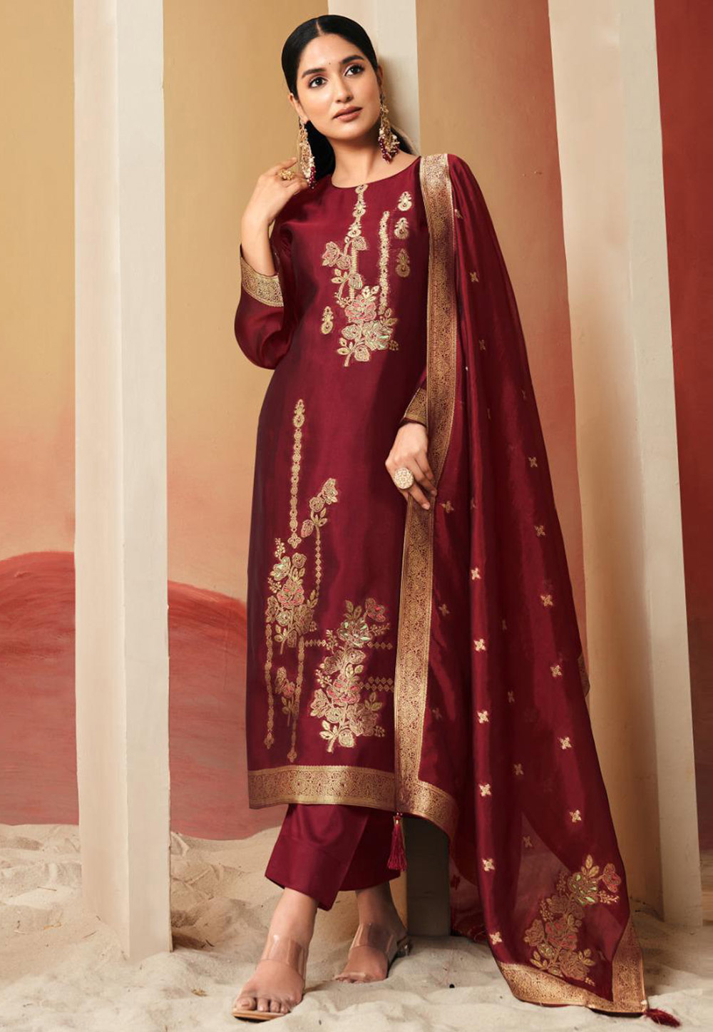 Maroon Silk Pakistani Suit 309513