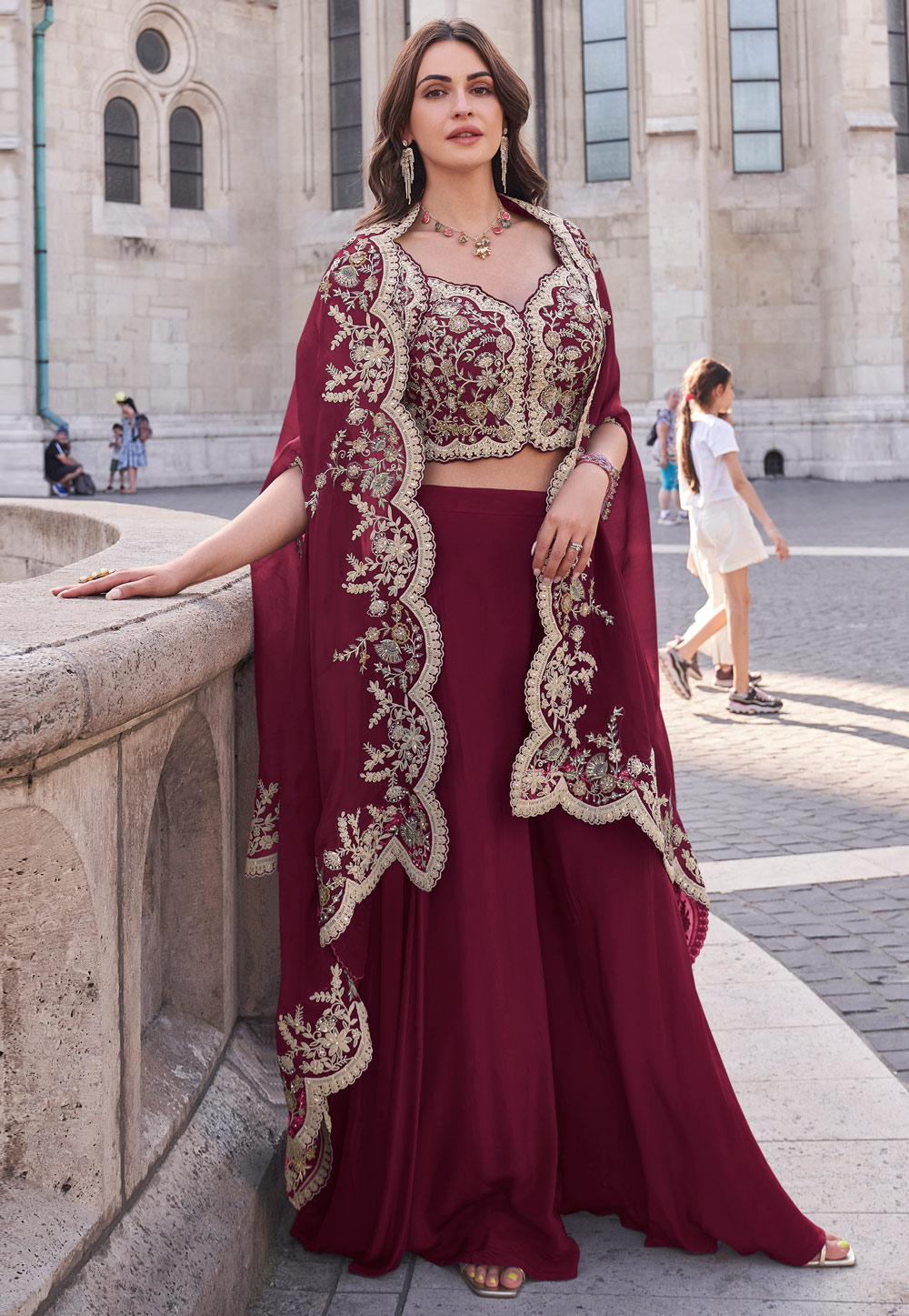 Maroon Silk Palazzo With Crop Top 305090