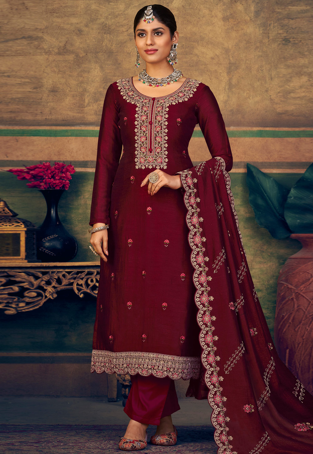 Maroon Silk Pant Style Suit 310582