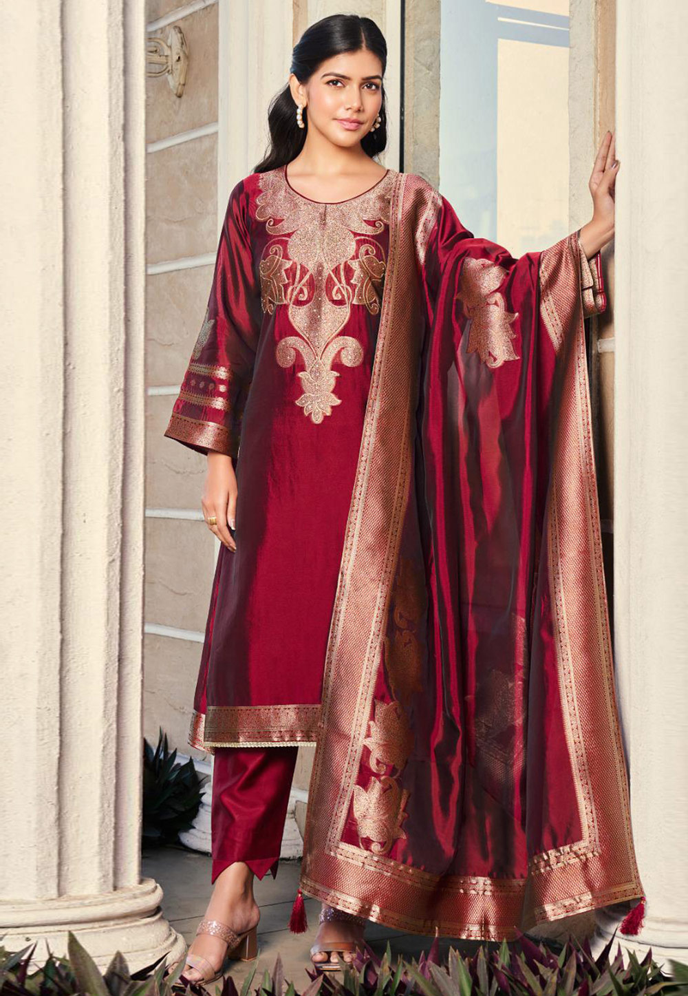 Maroon Silk Pant Style Suit 309514