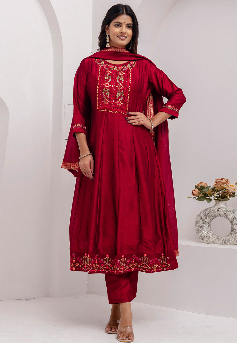 Maroon Silk Readymade Anarkali Suit 309699