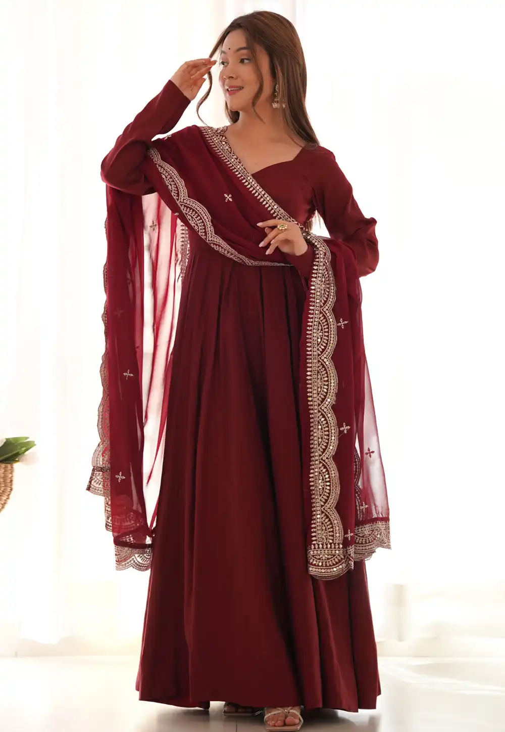 Maroon Silk Readymade Long Anarkali Suit 291679