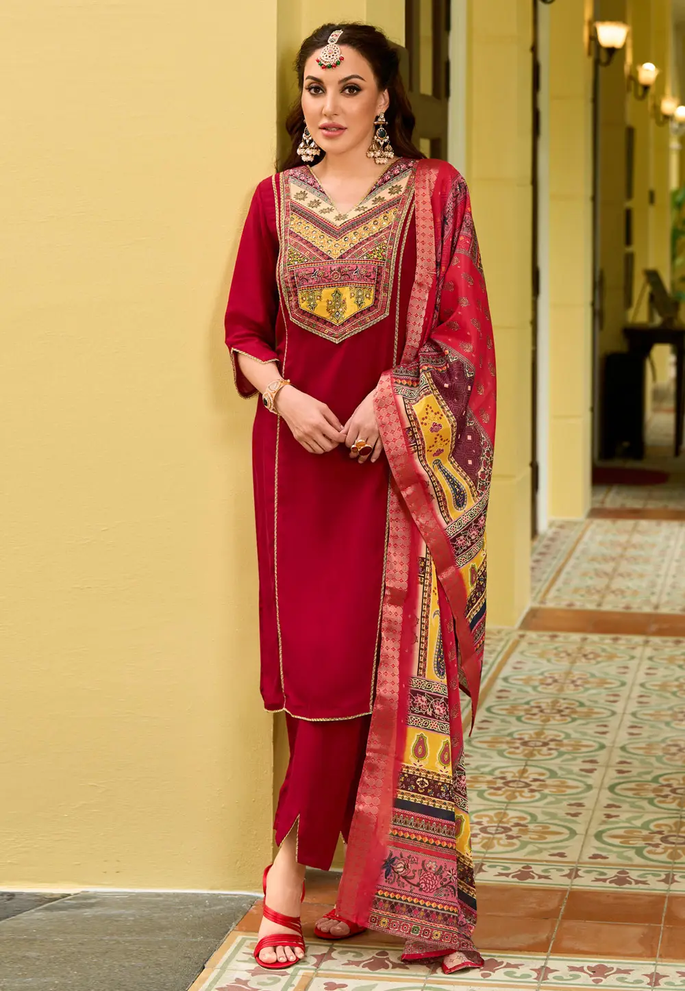 Maroon Silk Readymade Pakistani Suit 297004