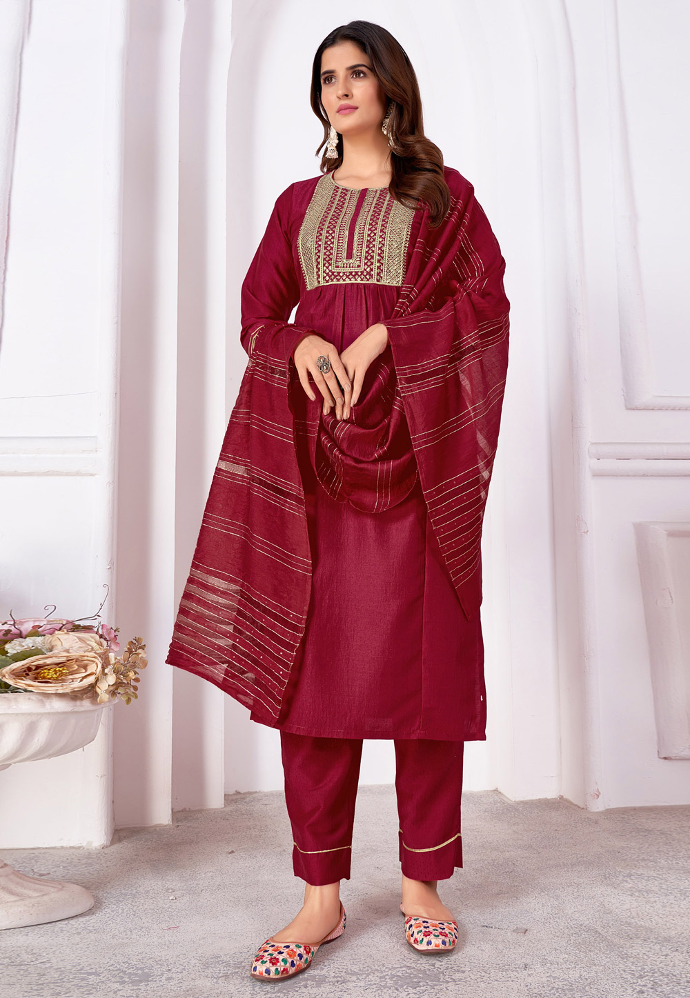 Maroon Silk Readymade Pakistani Suit 281512