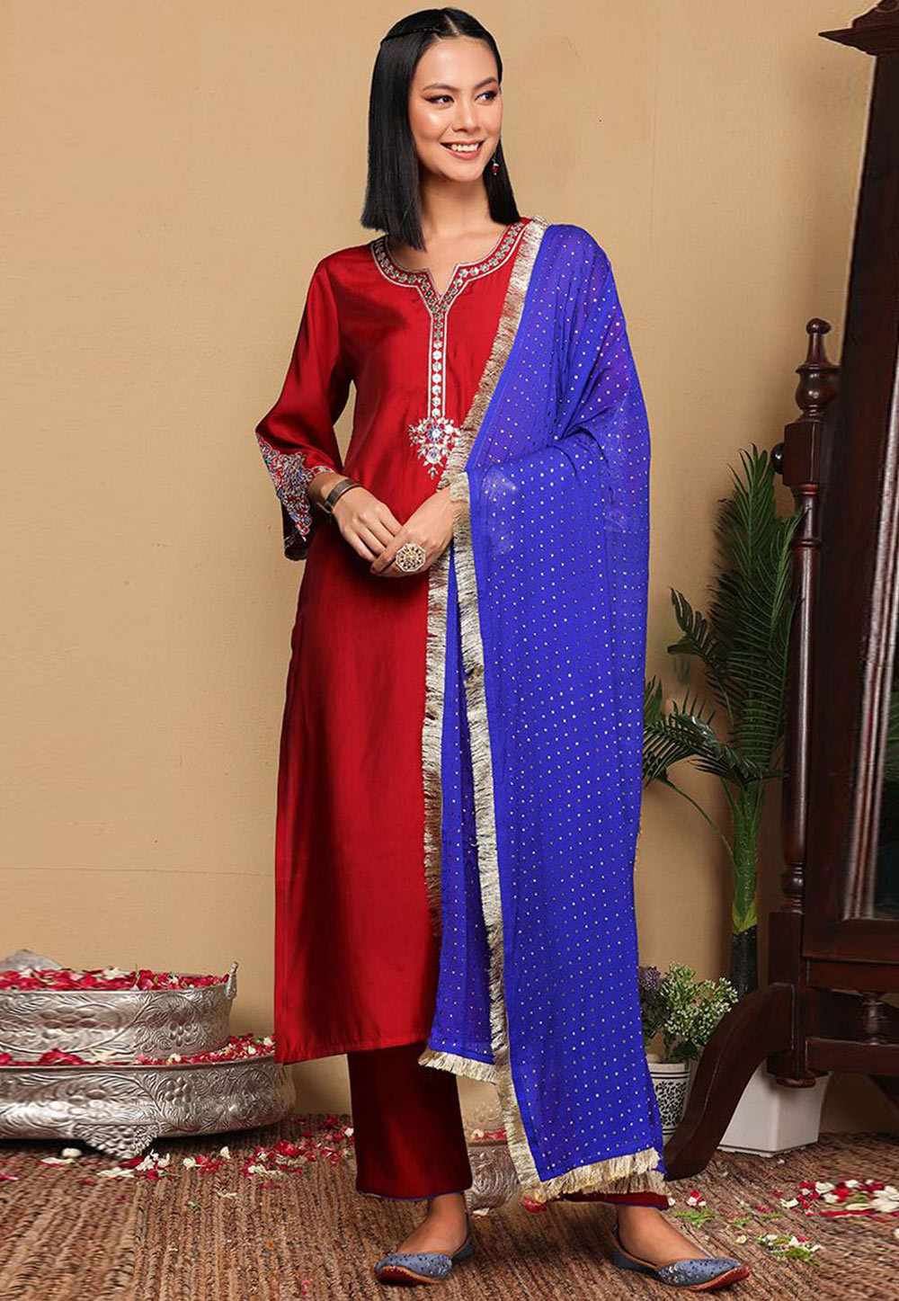 Maroon Silk Readymade Pakistani Suit 305427