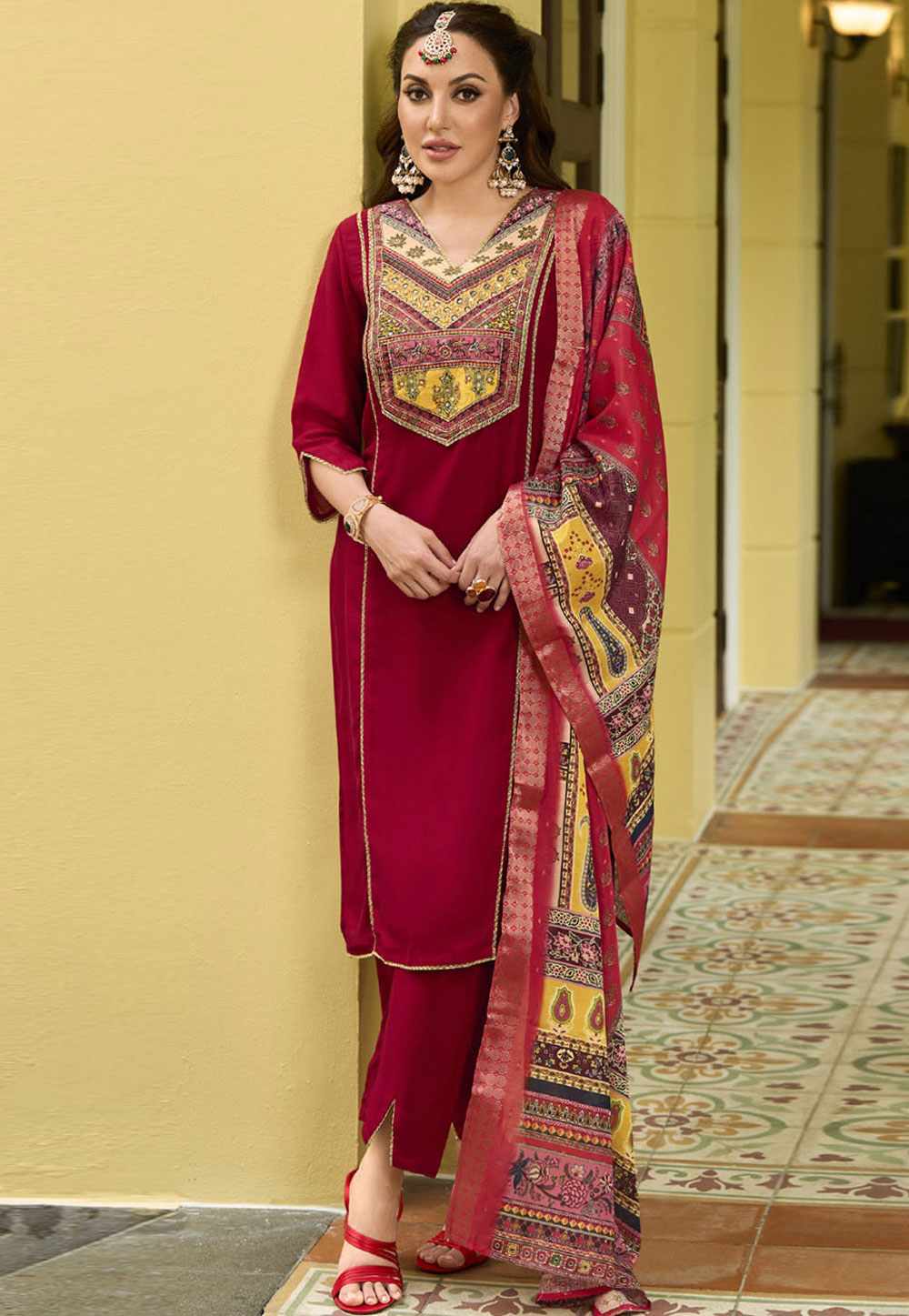 Maroon Silk Readymade Pakistani Suit 309703