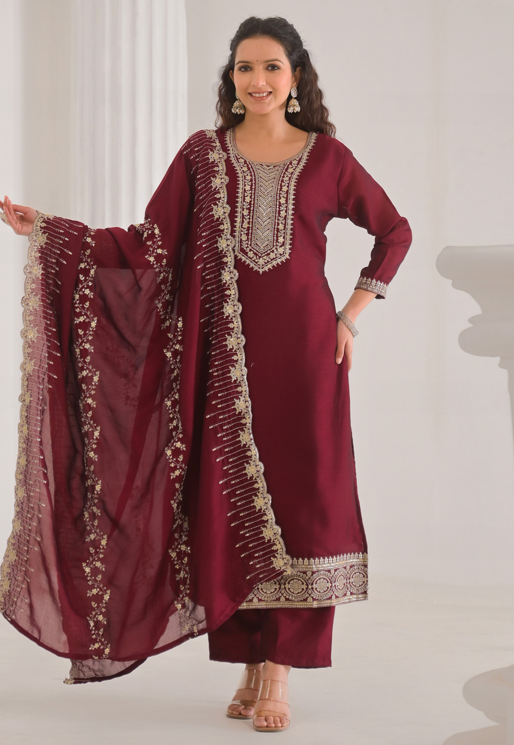 Maroon Silk Readymade Pakistani Suit 309454