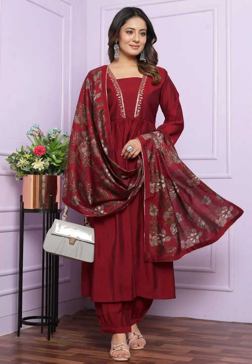 Maroon Silk Readymade Palazzo Suit 289157