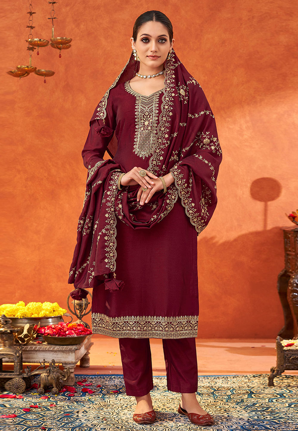 Maroon Silk Readymade Pant Style Suit 310578