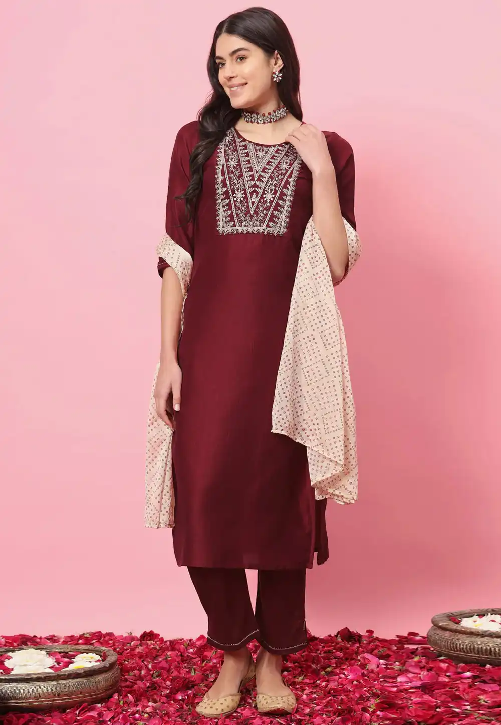 Maroon Silk Readymade Pant Style Suit 289353