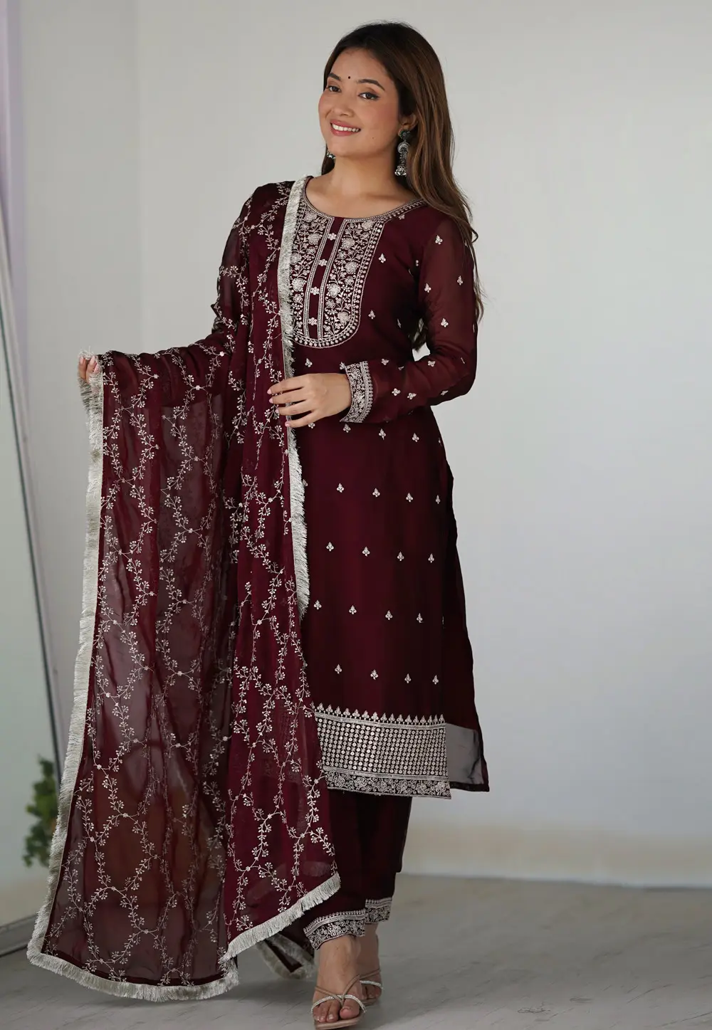 Maroon Silk Readymade Pant Style Suit 297101