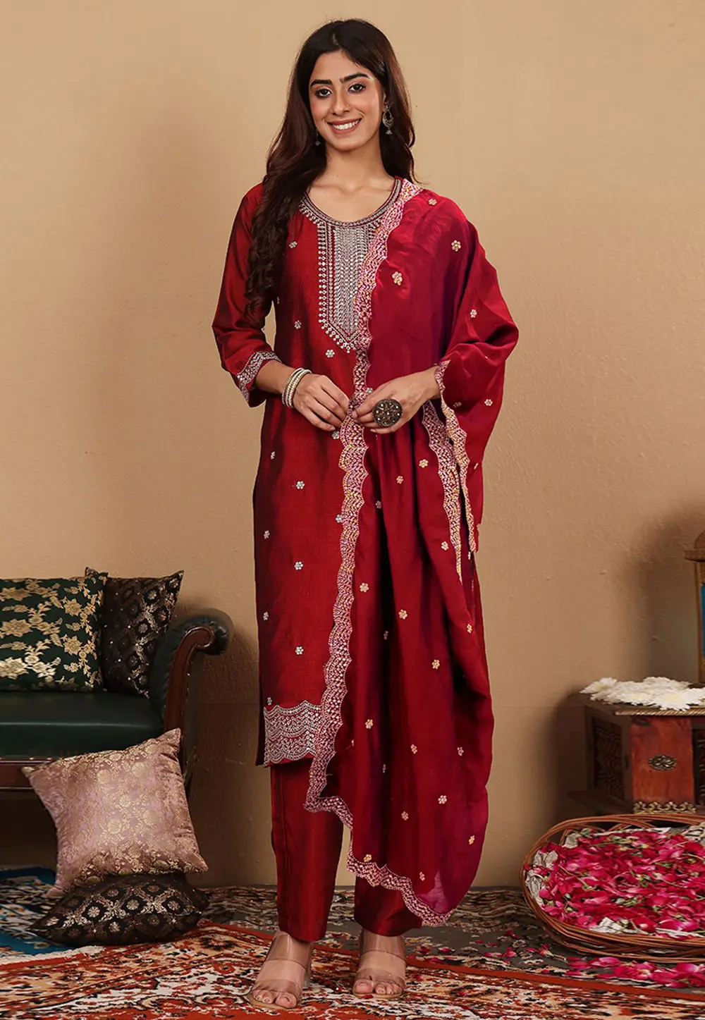 Maroon Silk Readymade Pant Style Suit 303852