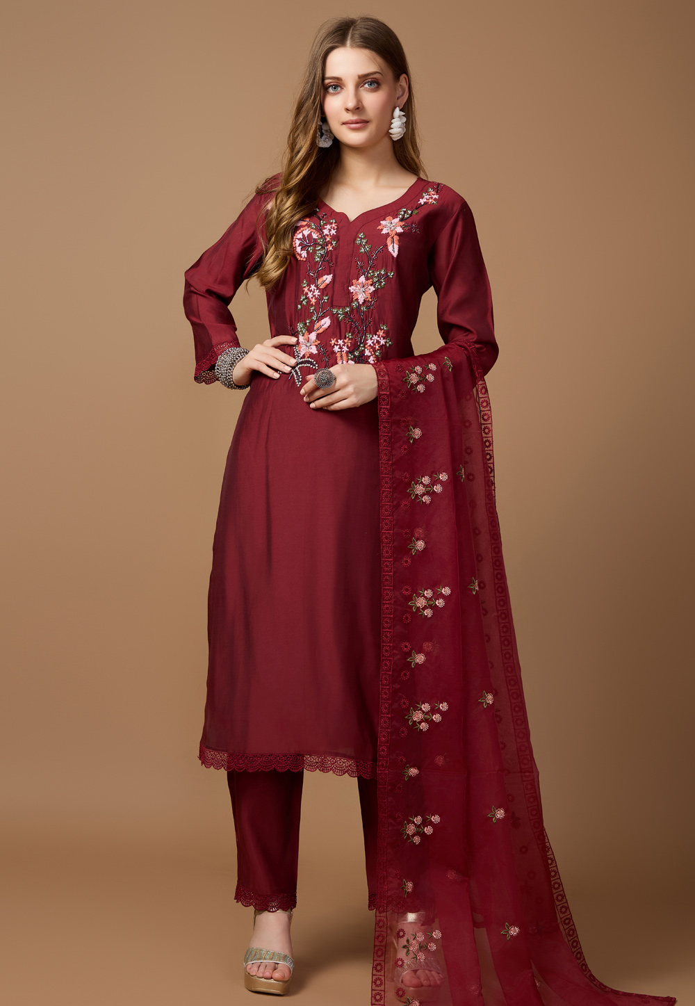 Maroon Silk Readymade Pant Style Suit 286891
