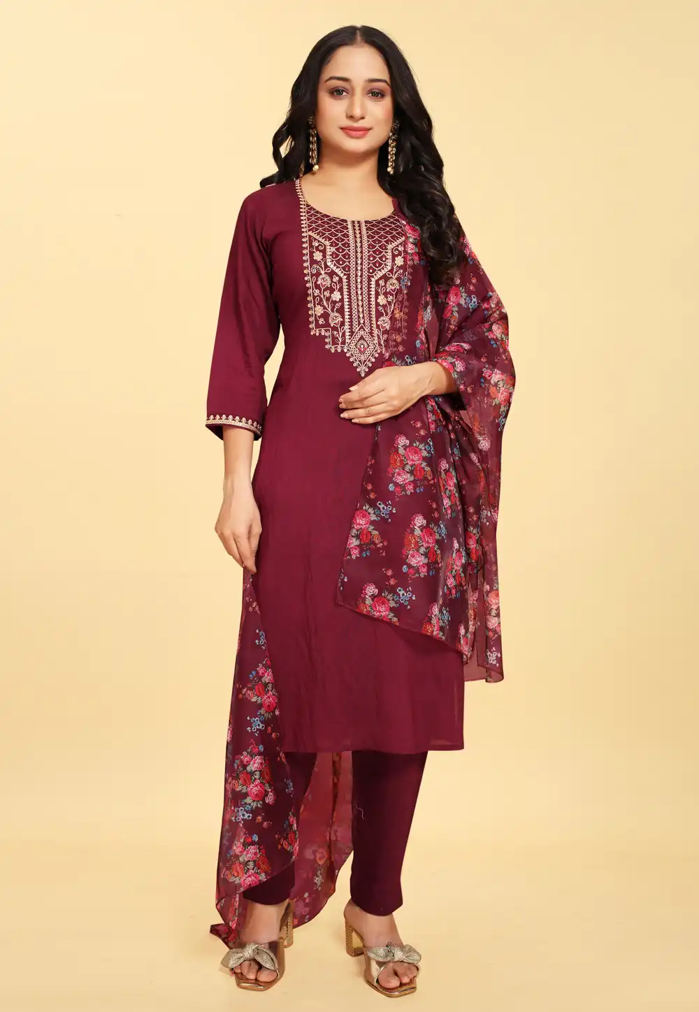 Maroon Silk Readymade Pant Style Suit 288109