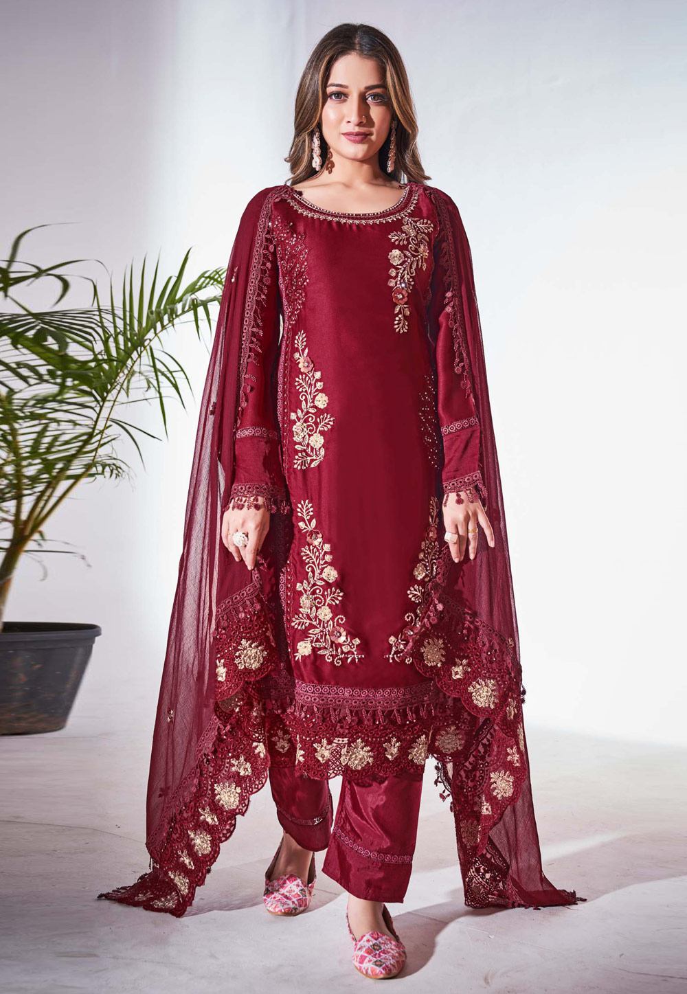 Maroon Silk Readymade Pant Style Suit 279391