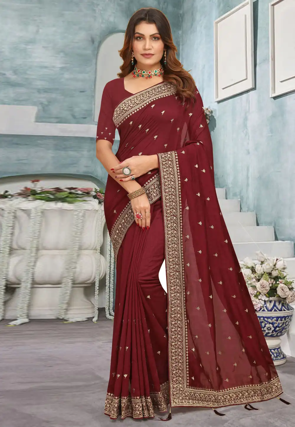 Maroon Silk Saree With Blouse 292449