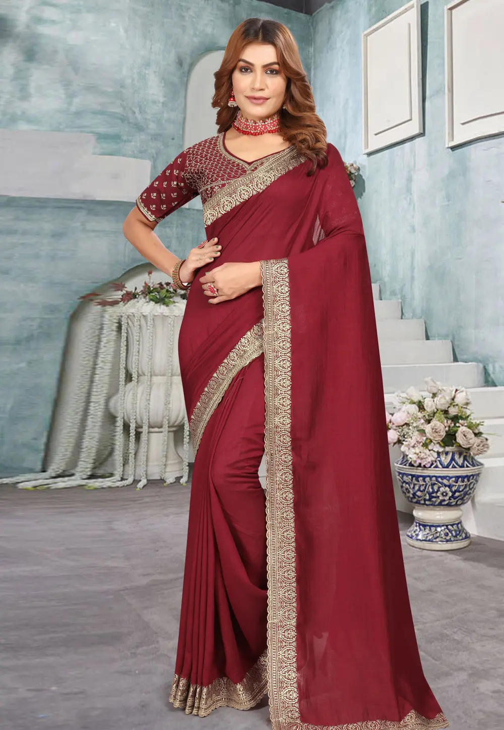 Maroon Silk Saree With Blouse 299106