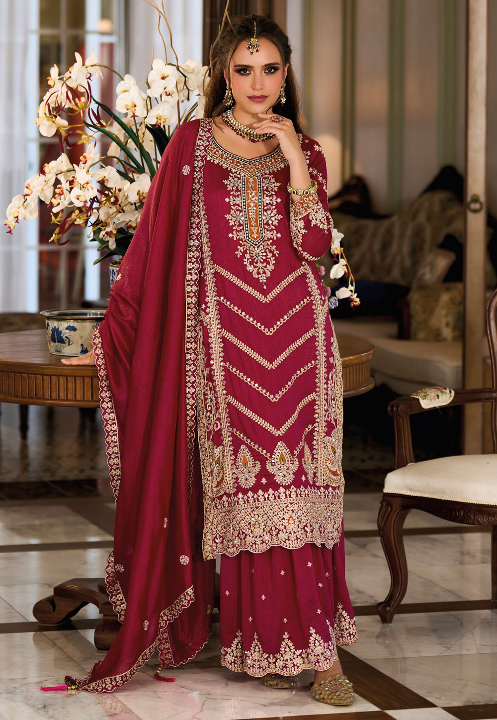 Maroon Silk Sharara Suit 280353