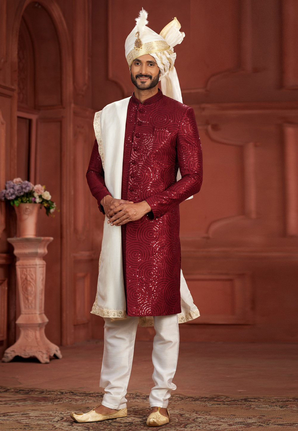 Maroon Silk Sherwani 286272