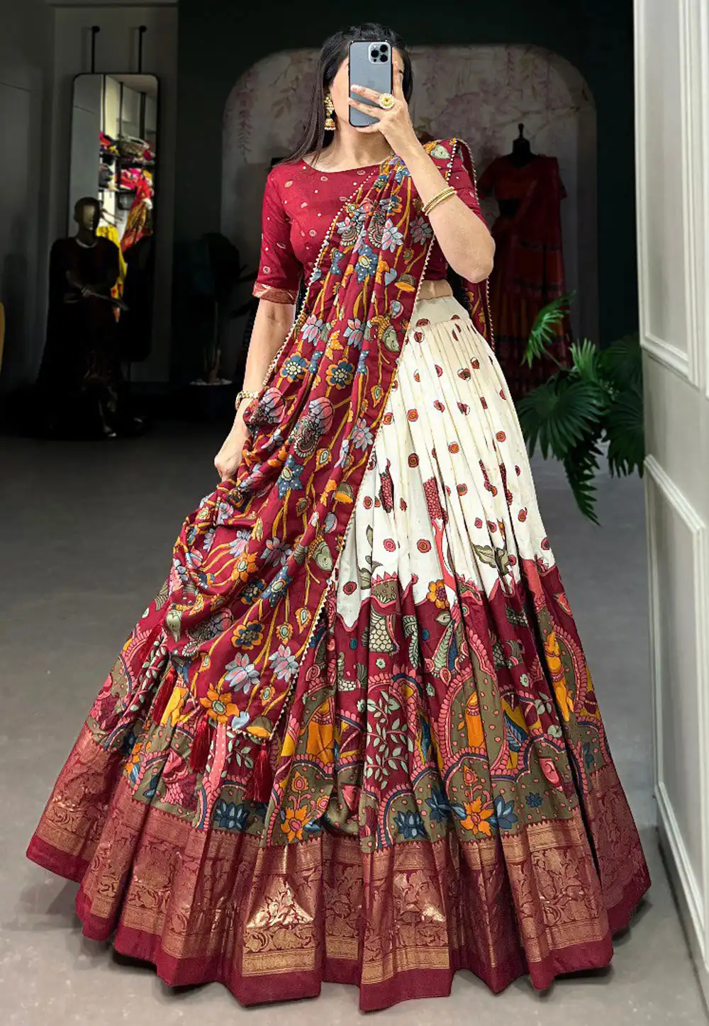 Maroon Tussar Silk Floral Lehenga choli 293285