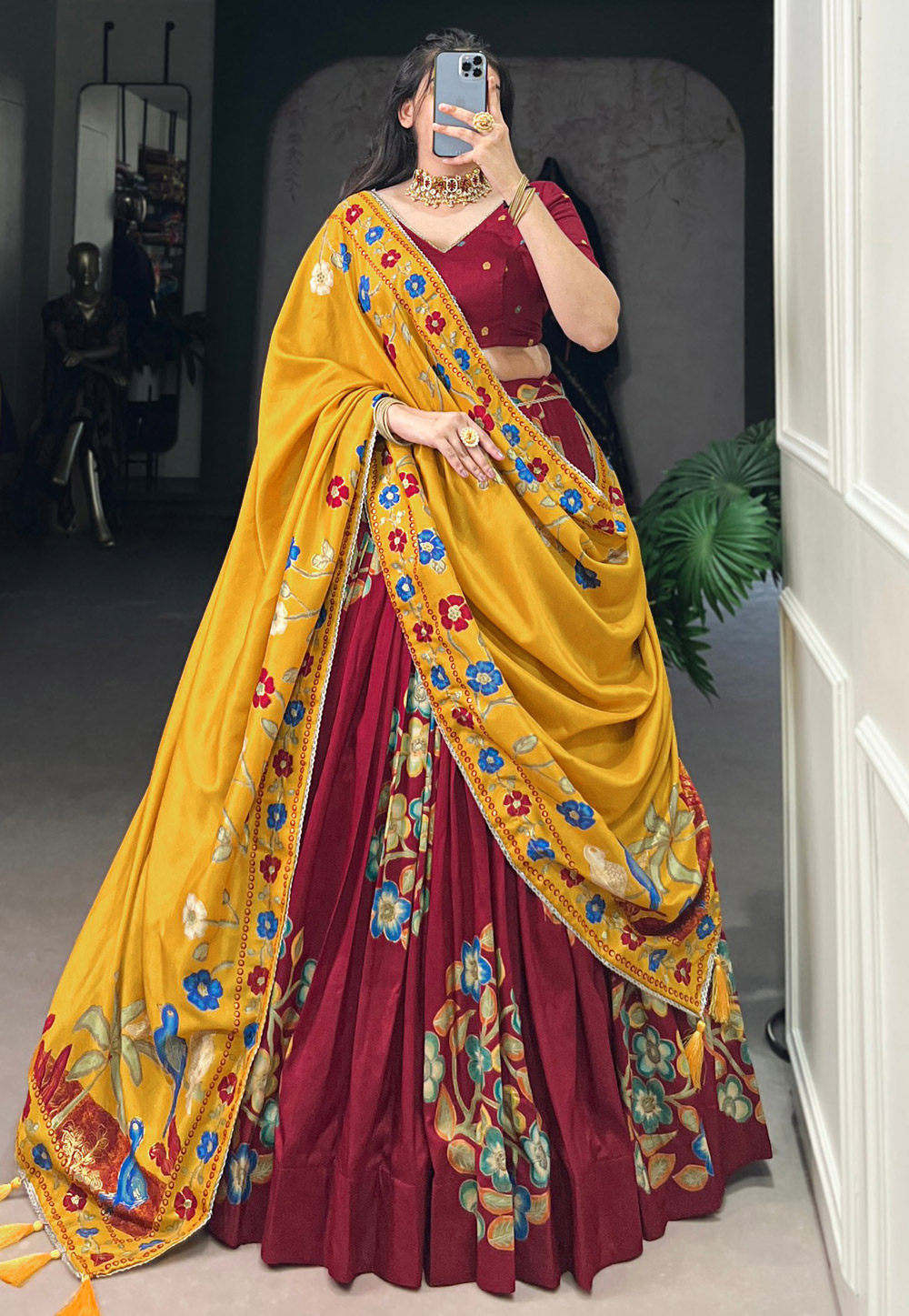 Maroon Tussar Silk Floral Lehenga choli 309713