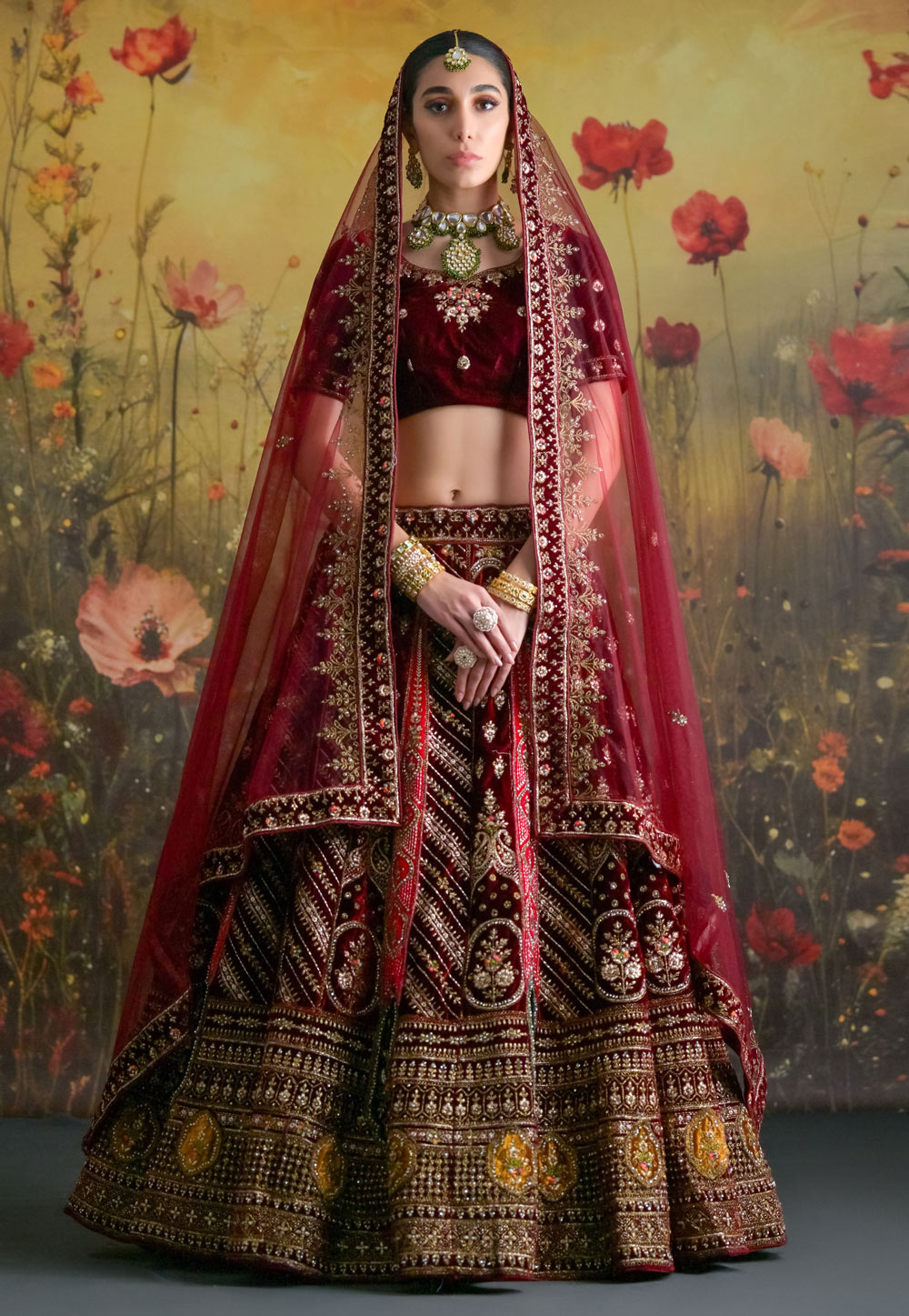 Maroon Velvet Bridal Lehenga Choli 305303