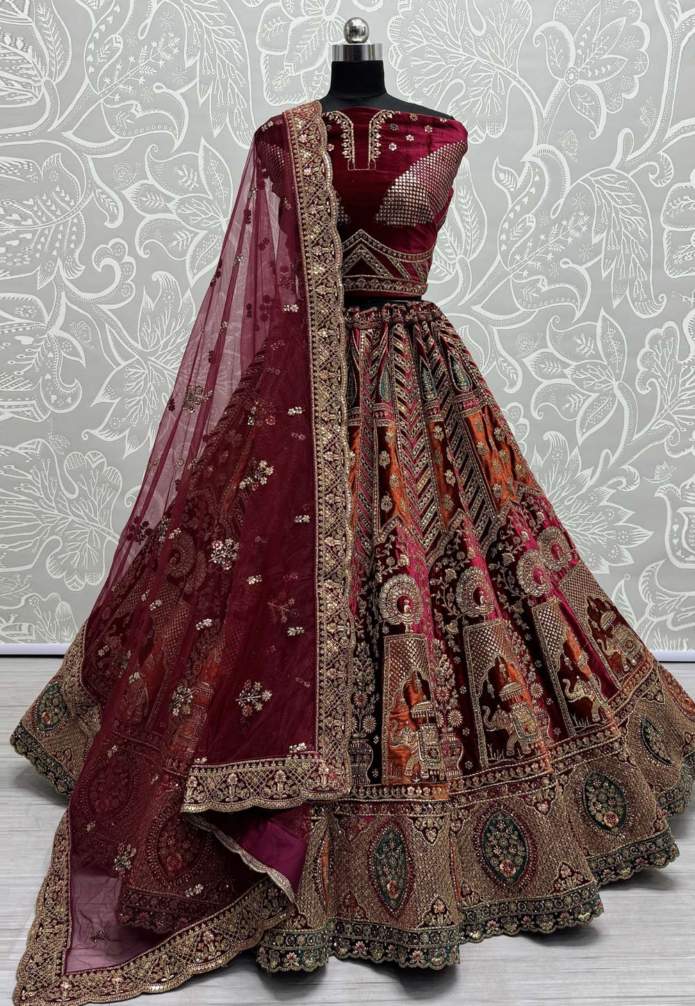 Maroon Velvet Bridal Lehenga Choli 287219