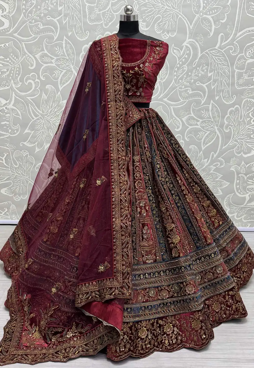 Maroon Velvet Bridal Lehenga Choli 287995