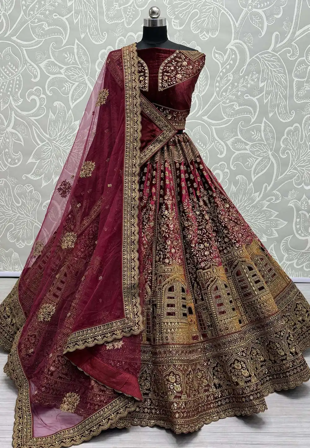 Maroon Velvet Bridal Lehenga Choli 289822