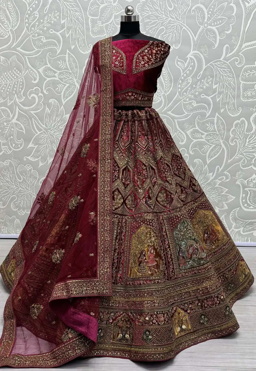 Maroon Velvet Bridal Lehenga Choli 289825