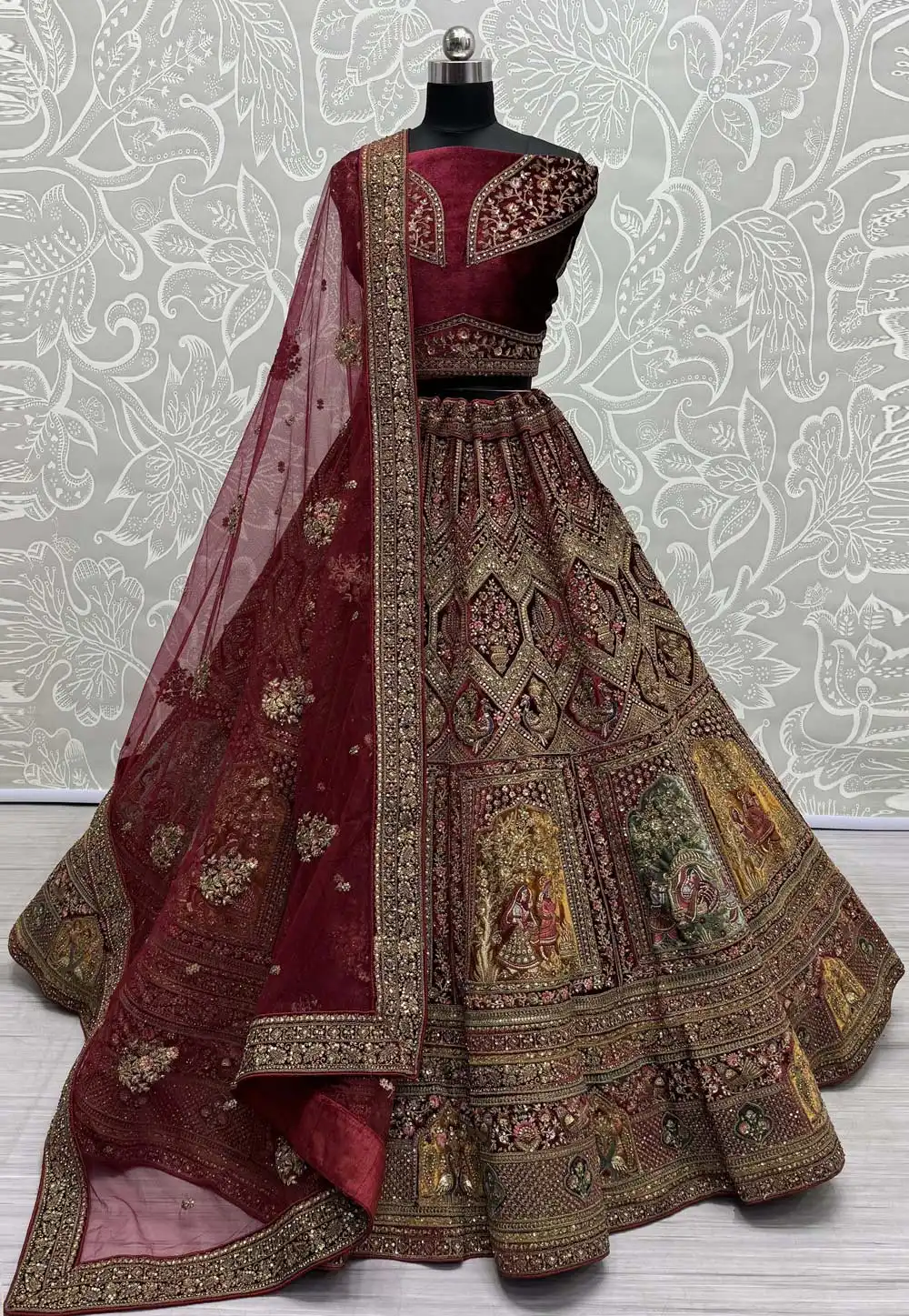 Maroon Velvet Bridal Lehenga Choli 289826