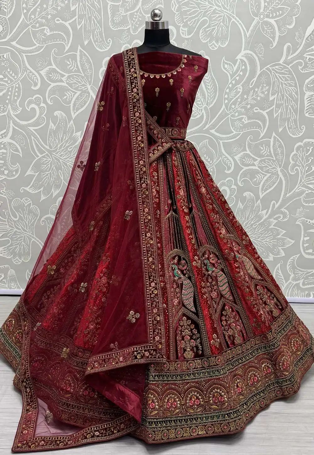 Maroon Velvet Bridal Lehenga Choli 290940