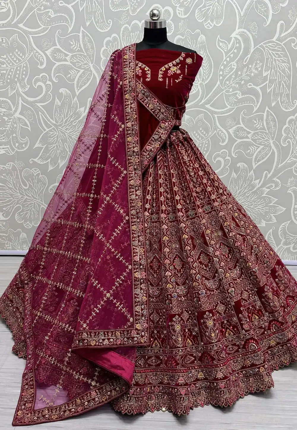 Maroon Velvet Bridal Lehenga Choli 293252