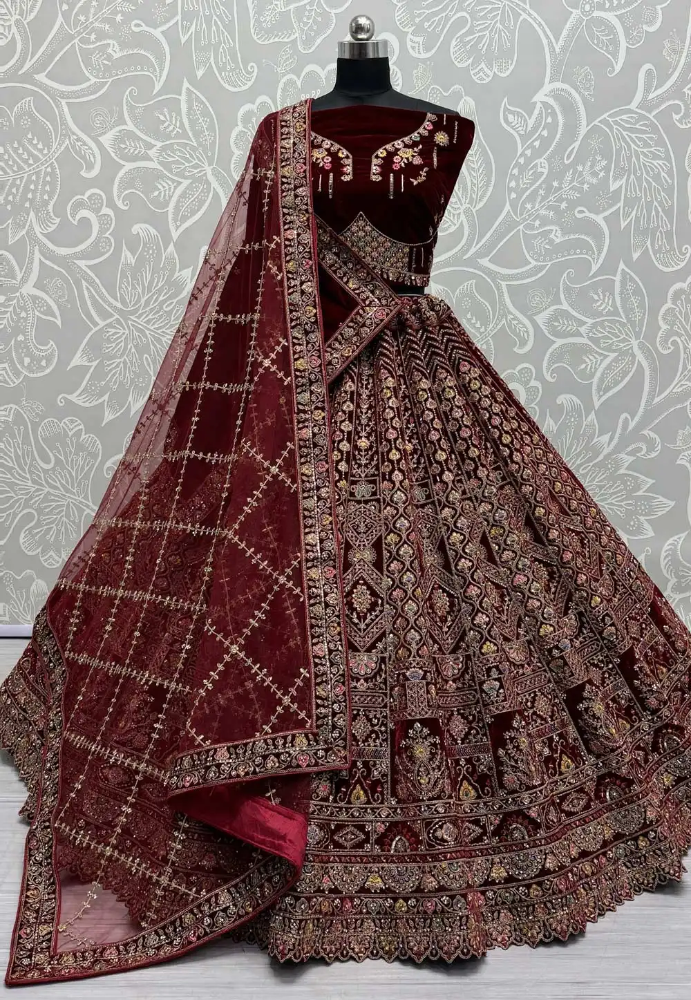 Maroon Velvet Bridal Lehenga Choli 293254