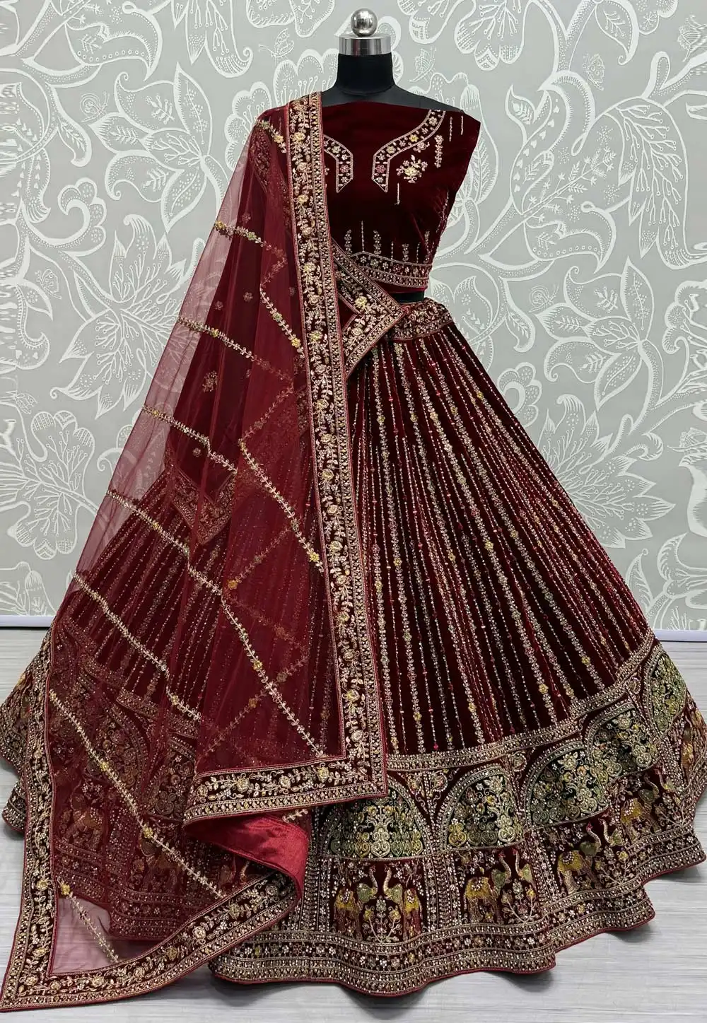 Maroon Velvet Bridal Lehenga Choli 293255