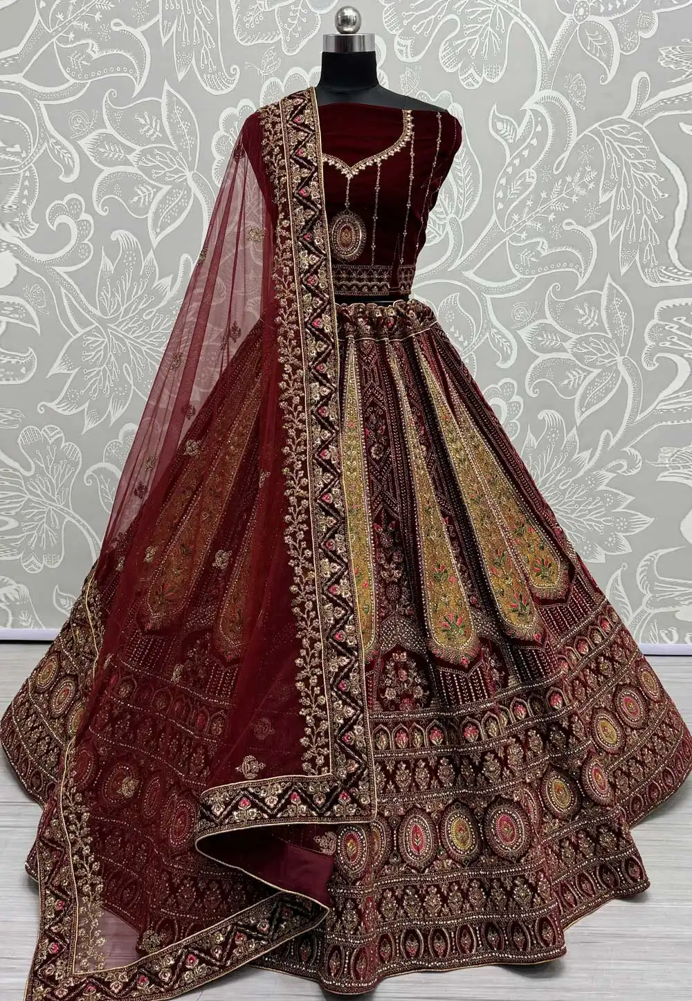 Maroon Velvet Bridal Lehenga Choli 293709