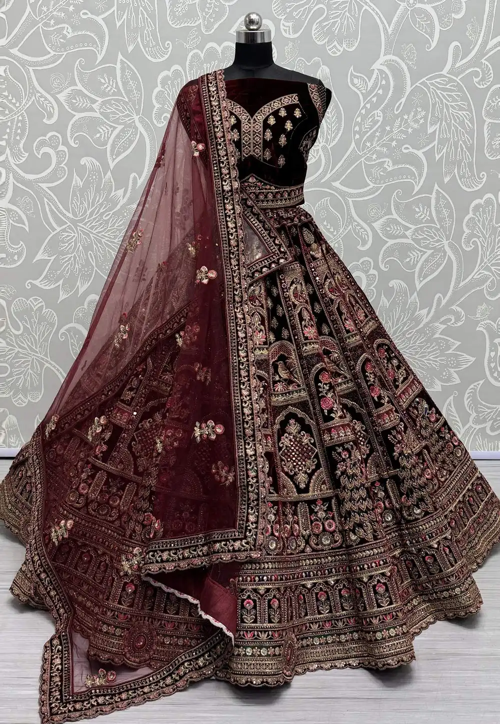 Maroon Velvet Bridal Lehenga Choli 294869