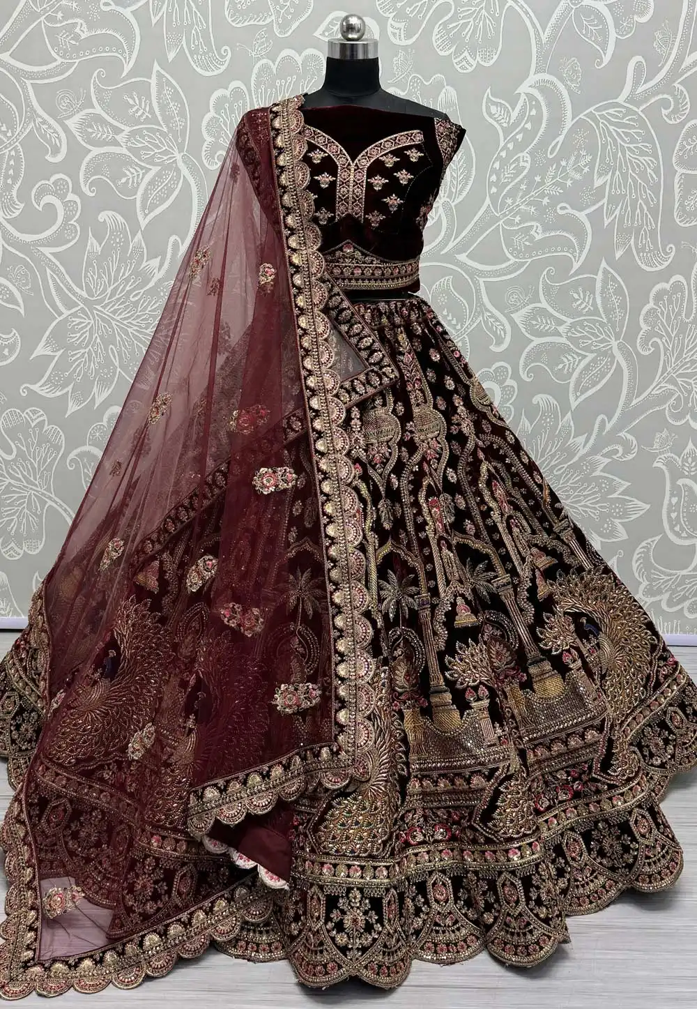 Maroon Velvet Bridal Lehenga Choli 294870