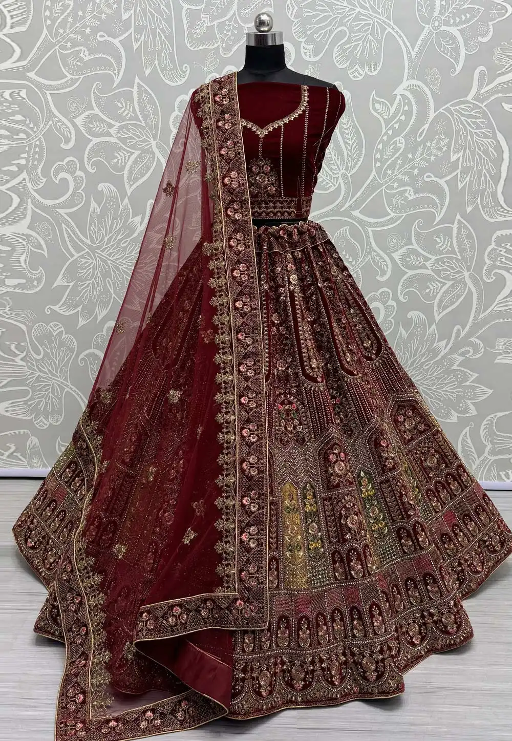 Maroon Velvet Bridal Lehenga Choli 294873