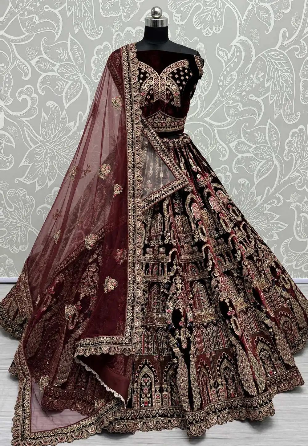 Maroon Velvet Bridal Lehenga Choli 294875