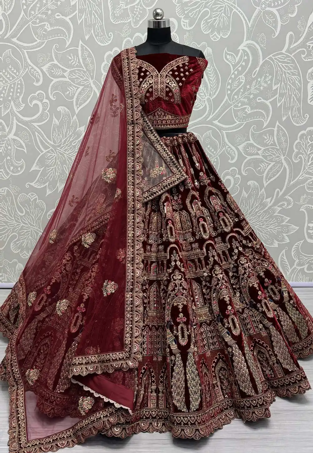 Maroon Velvet Bridal Lehenga Choli 294877